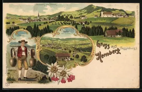 Lithographie Hemberg /Toggenburg, Ortsansicht, Mann in Tracht mit Kuhglocken