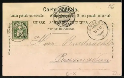 Lithographie Hemberg /Toggenburg, Ortsansicht, Mann in Tracht mit Kuhglocken