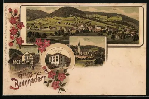 Lithographie Brunnadern, Pfarrhaus, Schulhaus, Kirche und Gesamtansicht