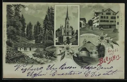 Mondschein-Lithographie Berschis, Gasthaus zur Linde, Kapelle St. Georgen, Kirche und Thalsperre