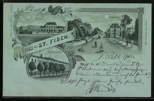 Mondschein-Lithographie St. Fiden, Bahnhof, Kantonsspital, Strassenpartie mit Strassenbahn