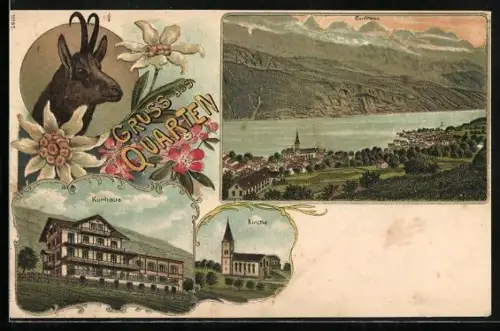 Lithographie Quarten, Kurhaus, Kirche und Ortsansicht