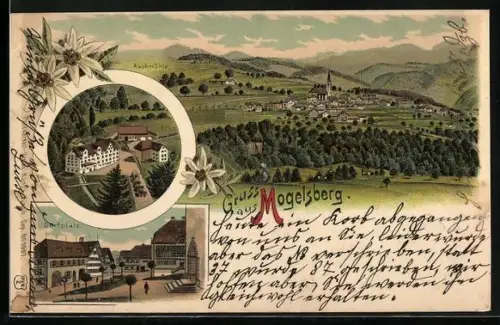 Lithographie Mogelsberg, Dorfplatz, Aachmühle und Gesamtansicht