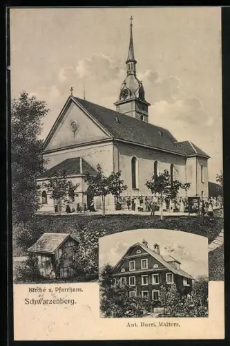 AK Schwarzenberg, Gebäudeansicht, Kirche und Pfarrhaus