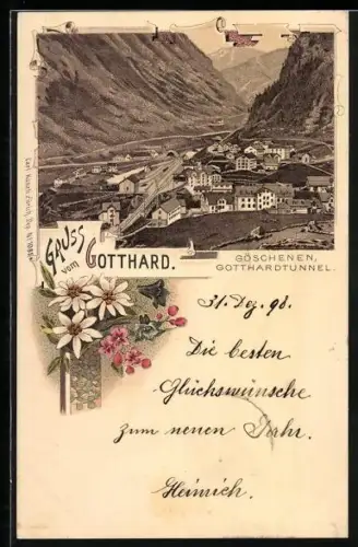 Lithographie Göschenen, Totalansicht mit Gotthardtunnel, Blumen