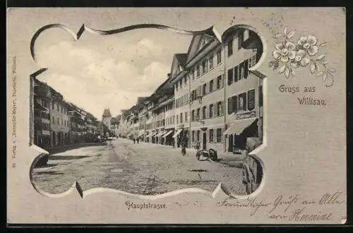 AK Willisau, Hauptstrasse mit Turm, Ornament-Rahmen, Blumen