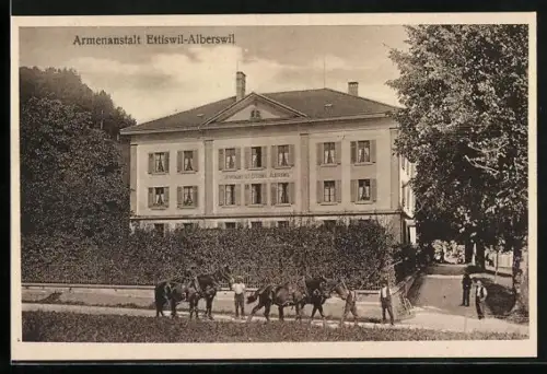 AK Ettiswil-Alberswil, Armenanstalt Ettiswil-Alberswil aus der Vogelschau, Arbeitspferde