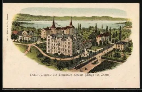 Lithographie Baldegg /Luzern, Töchter-Pensionat und Lehrerinnen-Seminar mit Strasse u. Gewässer aus der Vogelschau