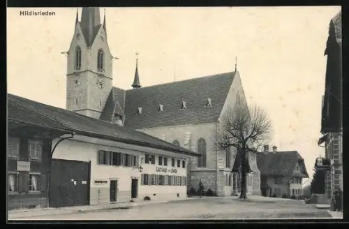 AK Hildisrieden, Gasthaus zum Löwen und Kirche mit Strasse