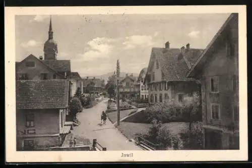 AK Inwil, Strassenpartie mit Anlagen und Kirche aus der Vogelschau