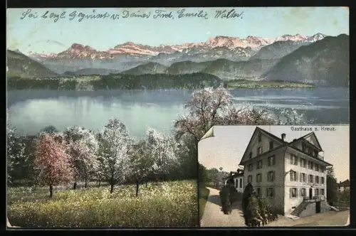 AK Meggen, Gasthaus zum Kreuz, Vierwaldstättersee mit Alpen