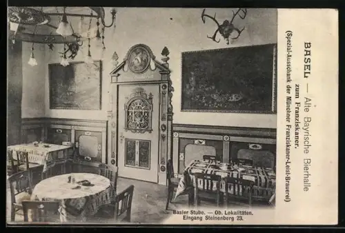 AK Basel, Gasthaus Alte Bayrische Bierhalle zum Franziskaner, Innenansicht