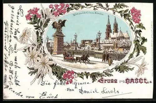 Lithographie Basel, Wettsteinbrücke u. Münster mit Pferdeschlitten, Blumenrahmen mit Edelweiss