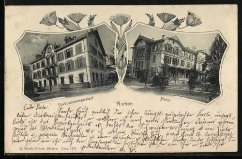 AK Riehen, Diakonnissenanstalt und Heim, Rahmen, Blumen