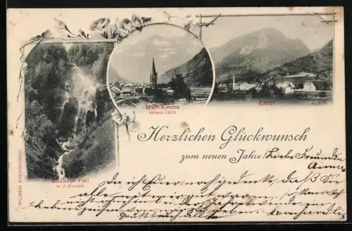 AK Engi, Ortsansicht, Matt-Kirche, Badkopf-Fall u. J. Knobel