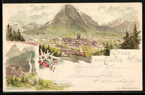 Lithographie Glarus, Gasthof, Gesamtansicht mit Gipfel, Edelweiss