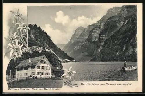 AK Klöntal bei Glarus, Gasthof Vorauen D. Ginsig, Klöntalsee mit Ruderboot, Edelweiss