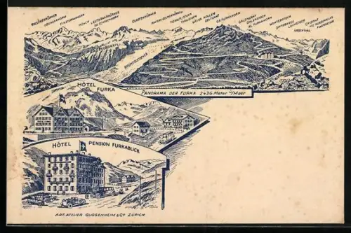 Lithographie Furka, Hotel Furka, Hotel-Pension Furkablick, Panorama der Furka