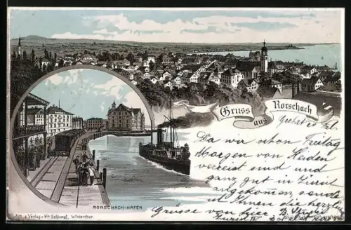 Lithographie Rorschach, Totalansicht mit Hafen