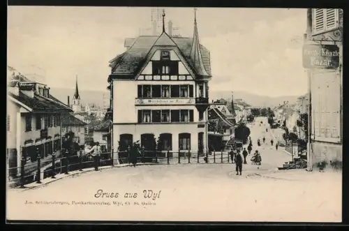 AK Wyl /SG, Wirtshaus zur Rose, Panorama mit Strasse