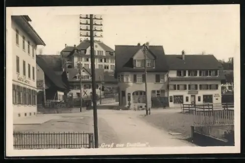 AK Dottikon, Platz mit Gasthof Sternen und Geschäftshaus mit Tankstelle, Panorama