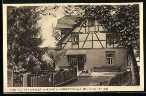 AK Hermetschwil bei Bremgarten, Restaurant Chalet Waldheim mit Gartenpartie im Winter