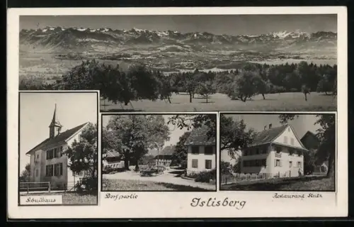 AK Islisberg, Restaurant Stutz, Schule, Ortspartie, Gesamtansicht mit Landschaft