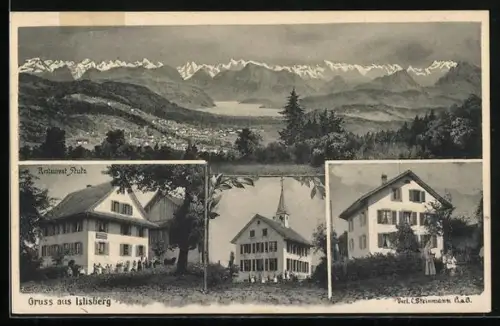 AK Islisberg, Restaurant Stutz, Kirche, Gesamtansicht mit Tal und Bergpanorama