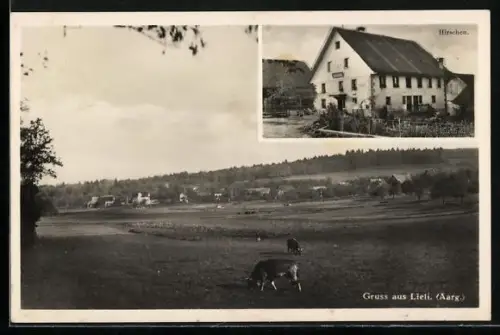 AK Lieli /Aarg., Gasthof zum Hirschen, Ortspanorama mit Landschaft