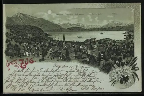 Lithographie Zug, Totalansicht mit Gebirgspanorama
