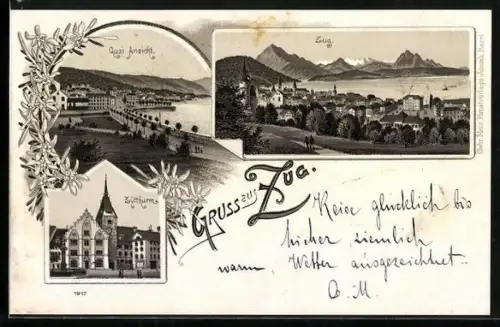 Lithographie Zug, Zytthurm, Quai-Ansicht und Gesamtansicht