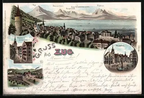 Lithographie Zug, Neuer Bahnhof, Hauptplatz, Rathhaus und Panorama