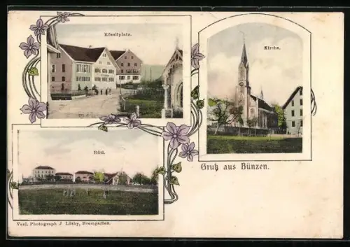 AK Bünzen, Rüti, Rössliplatz, Kirche, Rahmen mit Blumen
