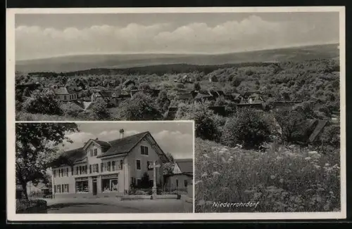 AK Niederrohrdorf, Geschäftshaus mit Kreuzung, Gesamtansicht von einer Wiese aus