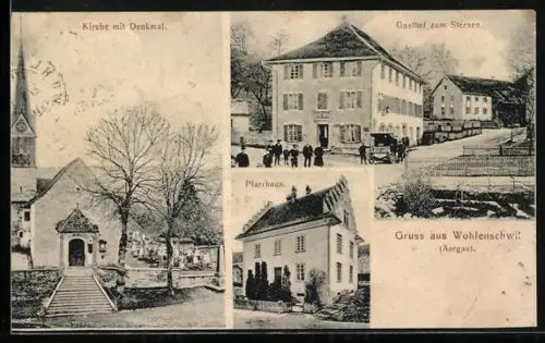 AK Wohlenschwil /Aargau, Gasthof zum Sternen, Kirche m. Denkmal, Pfarrhaus