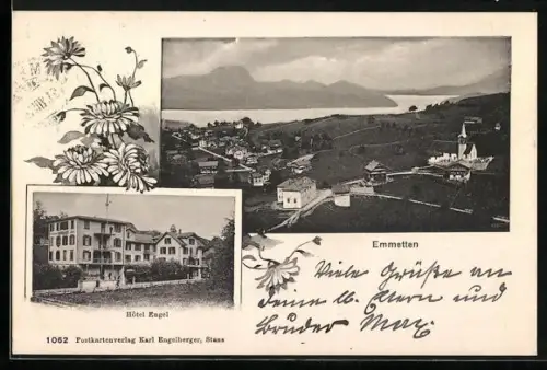 AK Emmetten, Hotel Engel, Totalansicht mit Wasserblick, Blumen