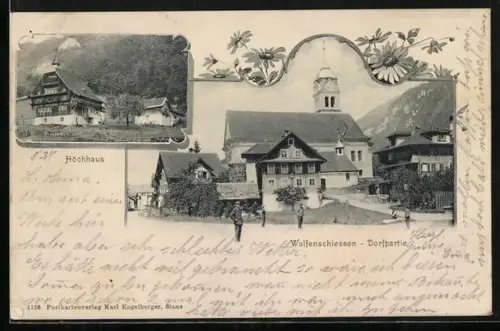 AK Wolfenschiessen, Höchhaus, Ortspartie mit Kirche, Blumen