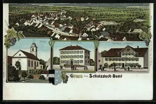 Lithographie Schinznach-Dorf, Gasthaus zum Bären, Schulhaus, Totalansicht aus der Vogelschau