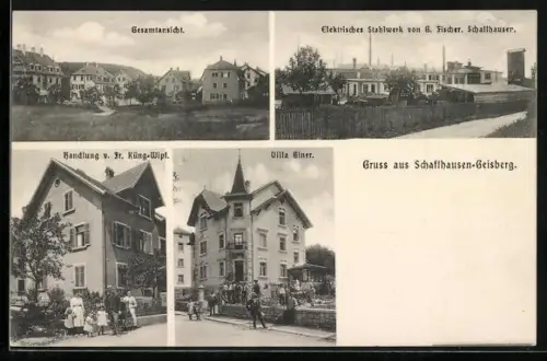 AK Schaffhausen-Geisberg, Stahlwerk G. Fischer, Handlung Küng-Wipf, Villa Giner, Gesamtansicht