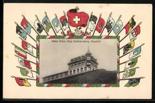 AK Kradolf-Schönenberg, Hotel Klein-Rigi, Eichenblattrahmen mit Schweizer Flaggen