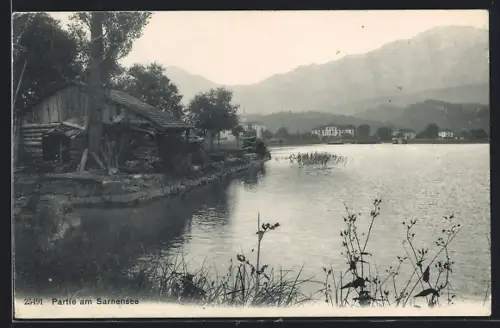 AK Sarnen, Sarnensee, Uferpartie mit Holzhaus
