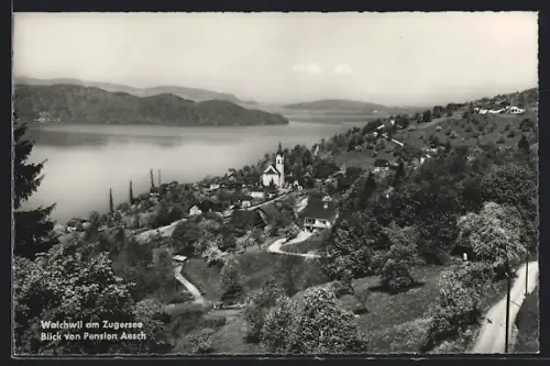 AK Walchwil am Zugersee, Blick von Pension Aesch mit Kirche