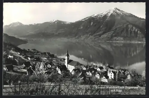 AK Walchwil am Zugersee, Teilansicht mit Kirche und Rigi