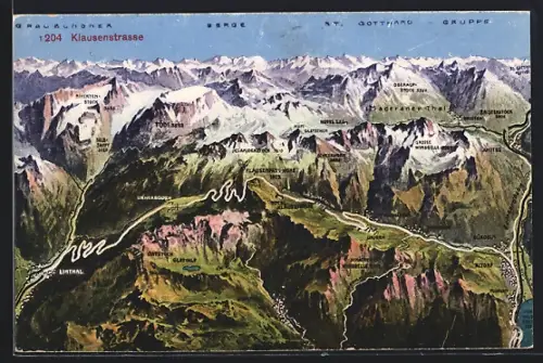 AK Klausenstrasse, Gesamtansicht mit Graubündner Berge und St. Gotthard Gruppe