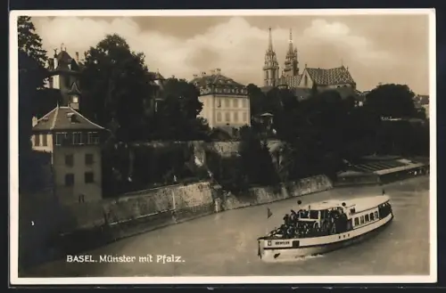 AK Basel, Münster mit Pfalz und Ausflugsmotorboot