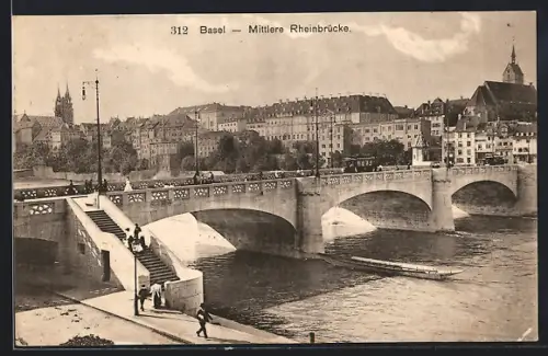 AK Basel, Strassenbahn auf der mittleren Rheinbrücke, Boote