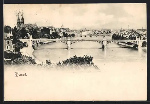AK Basel, Rheinpartie mit Brücke aus der Vogelschau