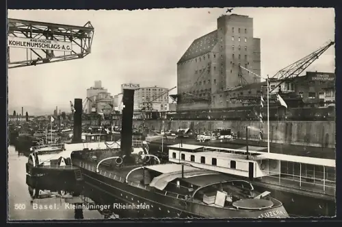 AK Basel, Dampfer im Kleinhüninger Rheinhafen