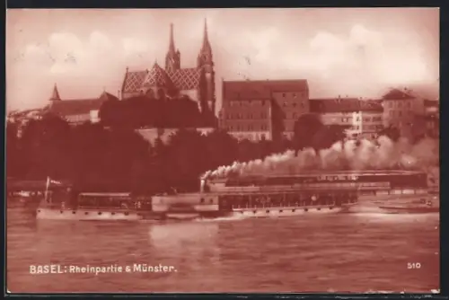 AK Basel, Rheinpartie mit Dampfer, Blick zum Münster