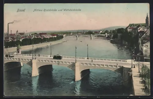 AK Basel, Mittlere Rheinbrücke und Wettsteinbrücke